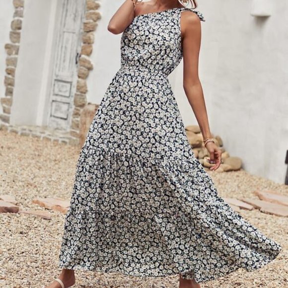 Allover Floral One Shoulder A-line Dress - Picture 7 of 11